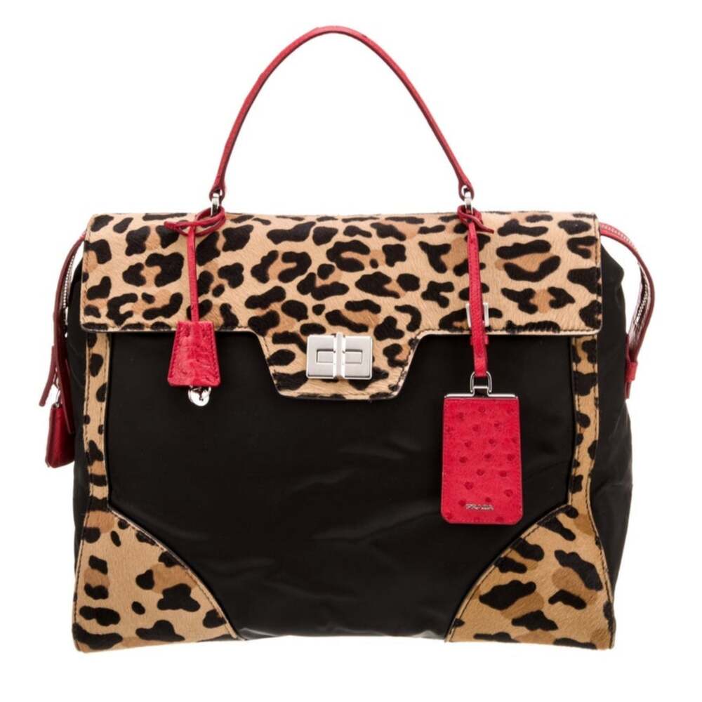 Prada Large Leopard Pony Hair Nylon Red Ostrich Top Handle Bag